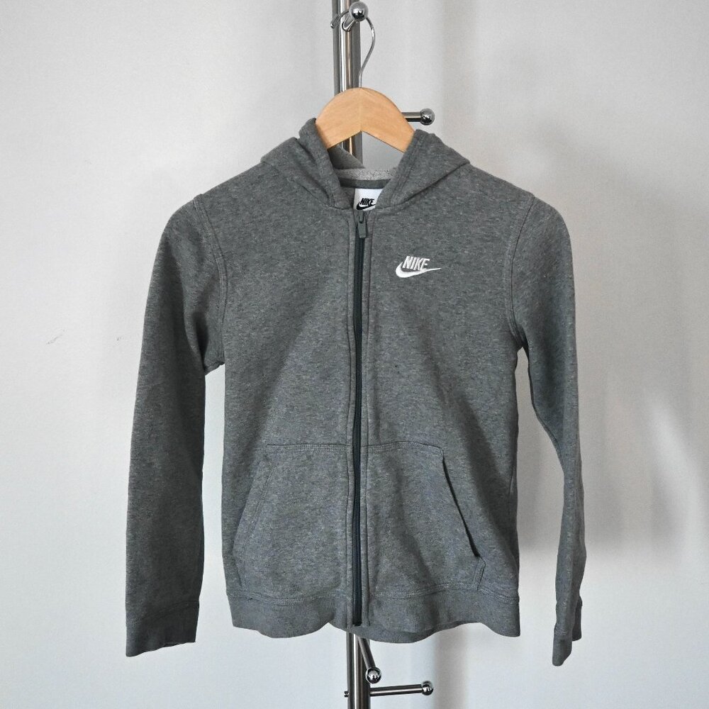 NIKE - Boys Gray Hoodie - Kids Large - Zip Up - White Nike Logo